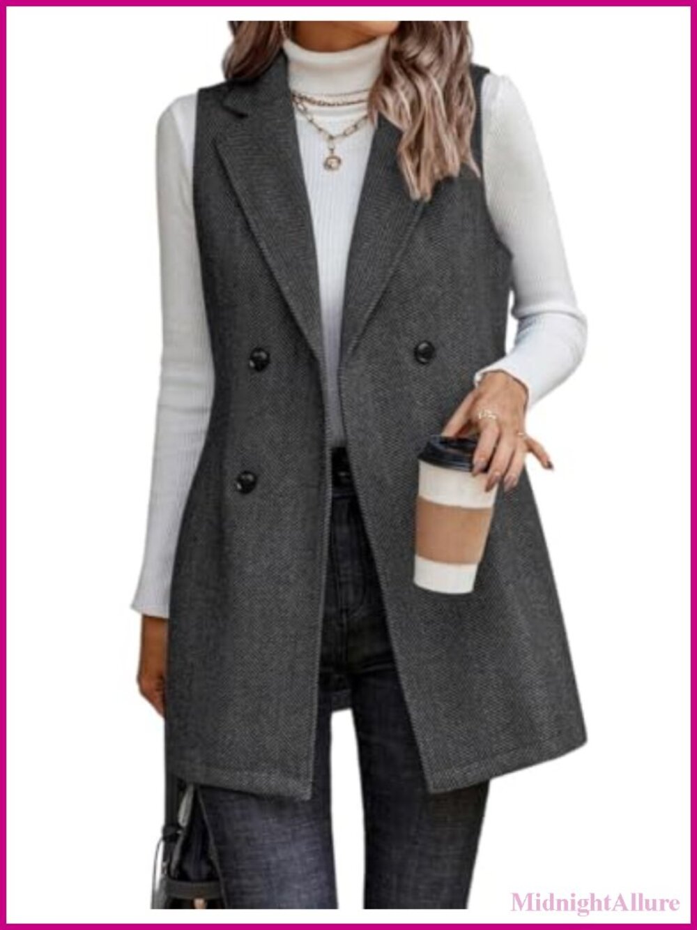 Sleeveless Tweed Blazer Long Vest Herringbone Wool Blend Coatigan